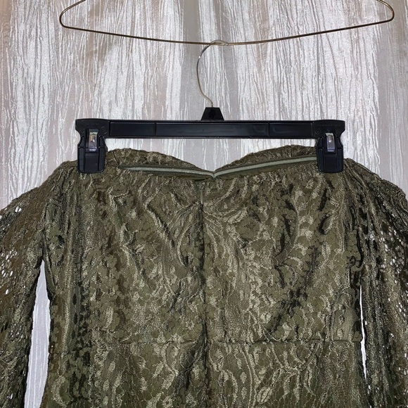 Original Olive Green Party Lace Shorts Romper Off-The-Shoulder with Fringe - Picture 5 of 5